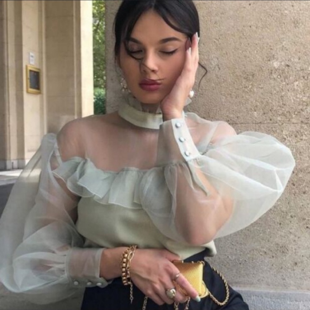 Zara Organza Sheer Ruffle Knit Top in Sea Foam Green Blogger Favorite Size Small - Picture 6 of 16